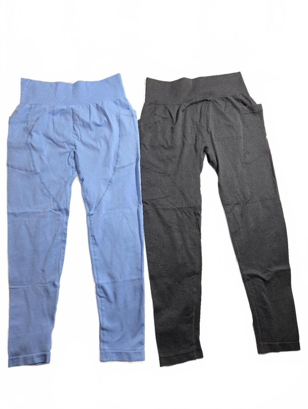 Set of 2 Women's High Waist Leggings in Blue and Charcoal Gray with Pockets